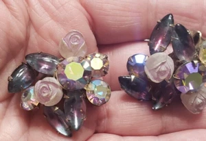Purple Rhinestone Flower Clip On Earrings Moive TV Prop Jewelry - Picture 1 of 4