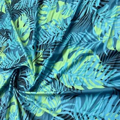 Tela de spandex de nailon estampada con hojas azules y verdes elástica en 4 vías por yarda Foto 1 de 4