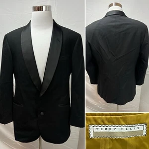 Perry Ellis Vintage Men's 41R Black Tuxedo 2-Button Blazer Jacket Satin Lapel - Picture 1 of 3