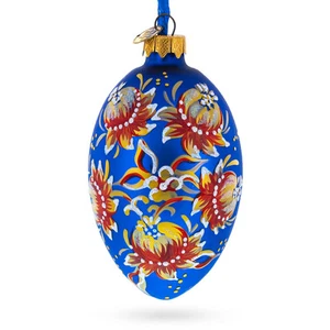 Golden Blue Floral Glass Egg Ornament 4 Inches - Picture 1 of 4