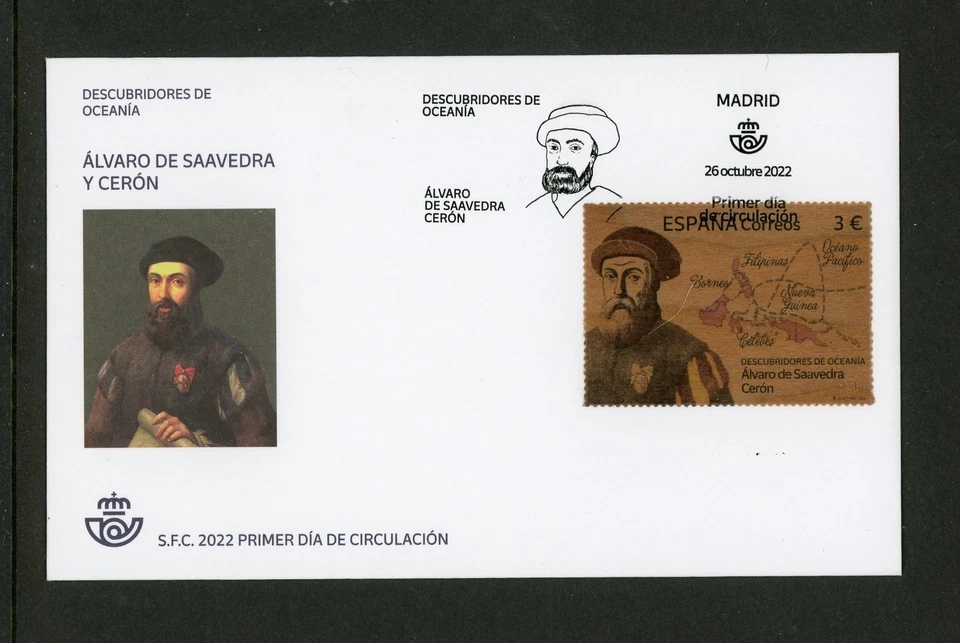 Spain 2022 Explorer Alvaro De Saavedra y Ceron Wood Stamps Odd Unusual FDC - Image 1 of 1