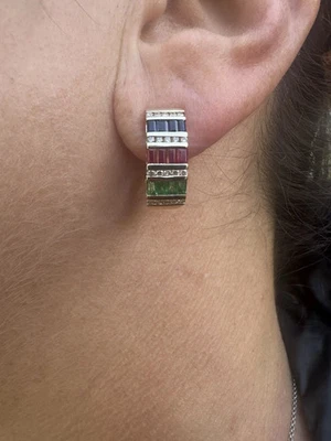 2 克拉长方形切割实验室制作红宝石蓝宝石环状耳环 14k 镀黄金 — 第 1/4 张图片