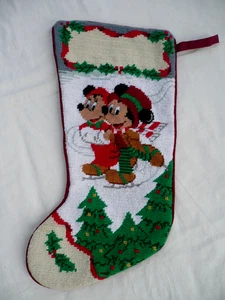 Disney Needlepoint Christmas Stocking, Mickey & Minnie Ice Skating, Left Facing - Picture 1 of 4