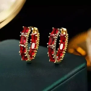 Ruby Women Hoop Earring 2.30Ct Emerald Cut Lab-Created in 14k Yellow Gold Plated - Picture 1 of 3