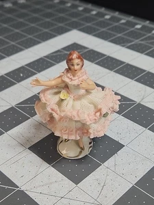 Dresden Vintage Pink Lace Dress Lady Figurine Small Figure Floral Accents GUC - Picture 1 of 22