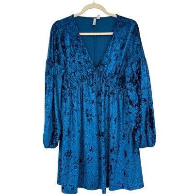 ASOS Blue Crushed Velvet Long Sleeve Dress Sz 8 Babydoll Fairy Western Jewel - Image 1 of 4