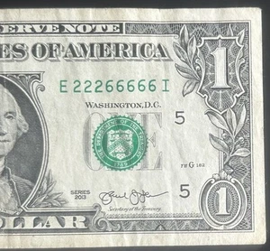 (5 UND 3 IN EINER REIHE BINÄR!) 1 5/3 $ Binary Fancy Seriennummer E22266666I *2013* - Bild 1 von 3