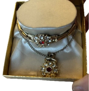 Vintage Halskette mit Anhänger Parure viktorianischer Stil klare & rote Steine goldfarben & Box - Bild 1 von 13