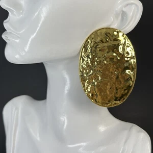 Large Disc Earrings Gold Tone Hammered Flat Statement Huge Runway Pierced Bold - Picture 1 of 7