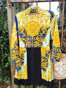 Vintage GIANNI VERSACE Versus Blue Gold  Print Long Sleeve Dress XS Small Sz 2 - Picture 1 of 14