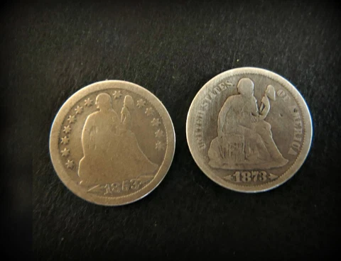 2 Seated Liberty Silver Dime Two Dimes 1853 & 1873 Cover