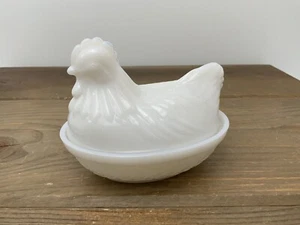 Vintage Henne auf Nest Schale weiß Milchglas Hasel Atlas 4,5" breit - Bild 1 von 17