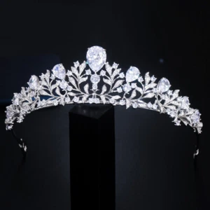 Silver Plated Cubic Zircon Leaf Tiara Crown for Women Engagement Wedding Brides - Picture 1 of 8