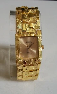 Men's Gold Finish Nugget Style Bracelet Fashion Dressy Geneva Watch - Picture 1 of 8