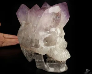 7.7" Agate Amethyst Druse Hand Carved Crystal Skull Fine Art Sculpture, Healing - Picture 1 of 10