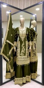NEW BOLLYWOOD STYLE PURE CHINNON SILK SALWAR KAMEEZ WITH DUPATTA FOR PARTY WEAR - Picture 1 of 10