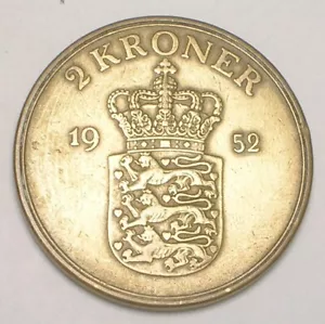 1952 Denmark Danish 2 Kroner Frederik IX Crowned Shield Coin VF+ - Picture 1 of 2