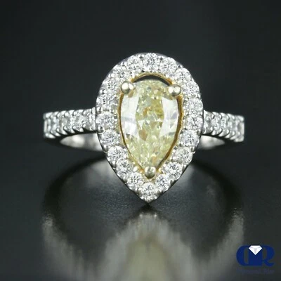 Natural 2.23 Ct Pear Cut Fancy Yellow Diamond Halo Engagement Ring 14K Gold - Image 1 of 4