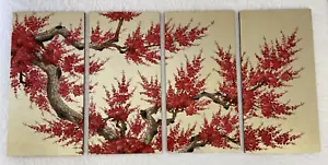 Set 4 Vintage Asian Wall Hanging Panels w Red Cherry Blossom Pattern Japan Art - Bild 1 von 15