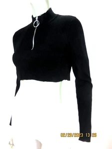 H&M DIVIDED SZ USA L NWOT Rayon/Nylon Black Cropped 1/4 Zipper Pullover Sweater - Picture 1 of 16
