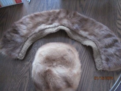 复古女士 MINK FUR 帽子 & STOLE COLLAR WRAP-BEIGE — 第 1/4 张图片