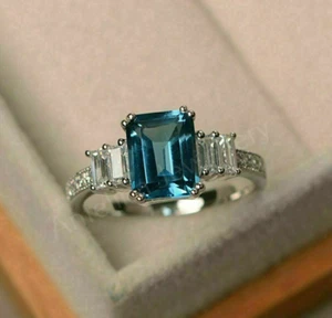 3 Ct Lab Created Emerald Cut Blue Topaz Engagement Ring 14k White Gold Plated - Picture 1 of 7