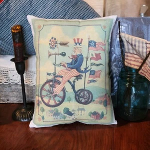 Primitive Farmhouse Patriotic Uncle Sam & bike Decorative Pillow - Picture 1 of 2