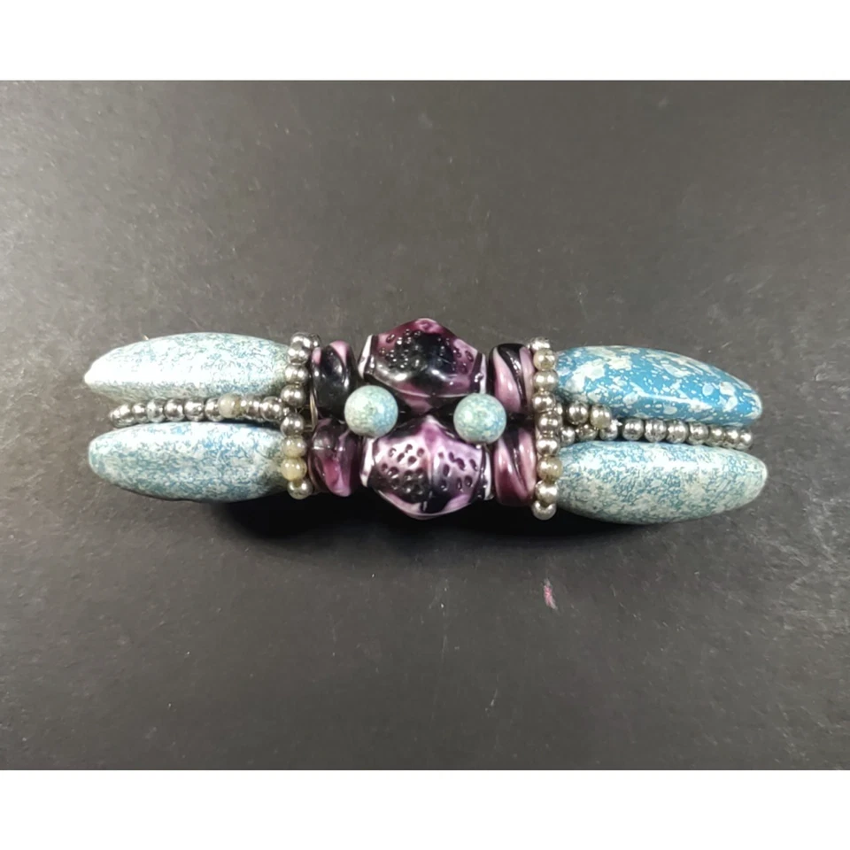 Hair Barrette Hand Made Blue Purple Stone? Silver Beading Tension Clip - Image 1 of 4
