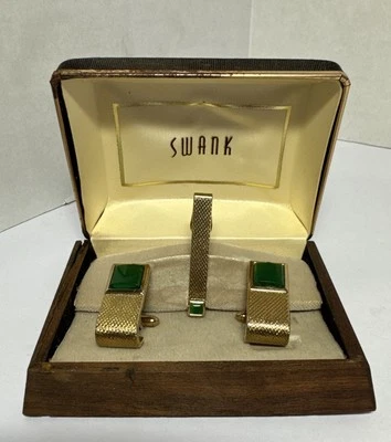 Nuevo de Lote Antiguo Gemelos Chapados en Oro Amarillo Ágata Verde con Clip de Corbata por Swank Foto 1 de 4