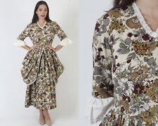 Vtg Old Fashion Autmn Leaf Print Souther Belle Dress Layered Bustle Saloon Gown
