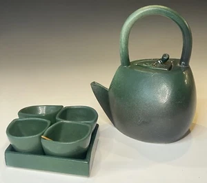 Mid-Century Modern Retro Sake Green Glazed Set w/ Cups & Tray Brutalist - Picture 1 of 14