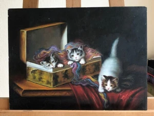 Ölgemälde Oel auf Holz signiert Katzen Katzenkinder in der Wollkiste 40x30cm - Bild 1 von 4