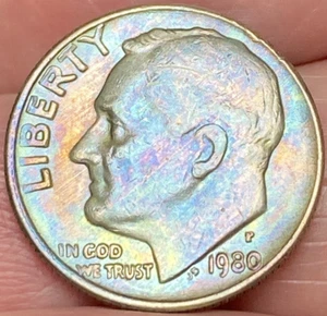 1980-P Roosevelt Groschen schöne brillante Gold-/regenbogenfarbene Münze #6 - Bild 1 von 14