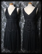 Goth Black Bead Detail ENCHANTRESS Satin Trim Long Dress 8 10 Victorian Vintage