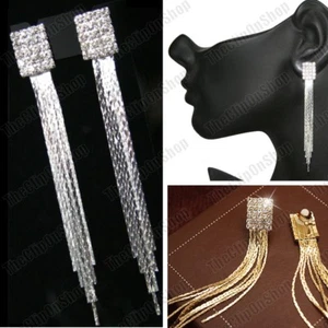 3"long CLIP ON slinky metal CRYSTAL SILVER/GOLD TONE EARRINGS glass rhinestone - Picture 1 of 10