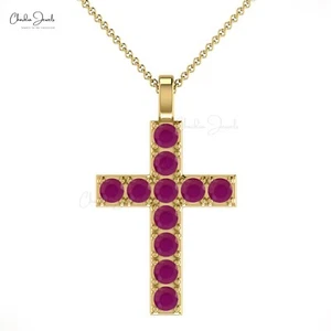 1/4CT Round Cut Natural Ruby 14K Real Gold Handmade Cross Pendant Christmas Gift - Picture 1 of 22