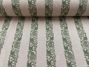Linen Fabric Vintage Shield & Paisley Stripe Green Curtain Blind Upholstery - Picture 1 of 7