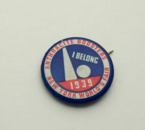 1939 New York Worlds Fair I Belong Button Pin NOS New Coal Anthracite Booster - Picture 1 of 4