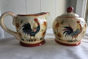 Rooster Sugar Bowl w/ Lid and Cream Pitcher Set Sunflowers Farm Rustic  - Picture 1 of 12