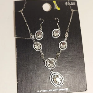 Silver Tone Necklace & Drop Earrings Set Halo Rhinestones MAJOR SPARKLE! - Picture 1 of 8