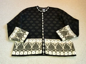 Womens Sweater-FROST-green/black/ivory Nordic 100% wool snap cardigan ls-L - Picture 1 of 4