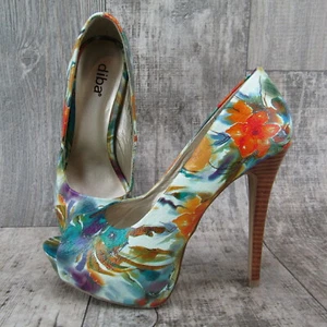 Diba Womens 7.5 Platform Pump Stiletto Heel Peep Toe Floral Painted - Picture 1 of 10