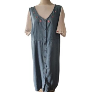 Erika Floral Embroidered Blue Denim Jumper Dress with Top Size XL Cottagecore - Picture 1 of 6