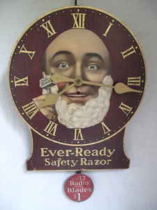 Antique Ever-Ready Wood Advertising Clock Man Shaving Original Pendulum c.1910 - Picture 1 of 7