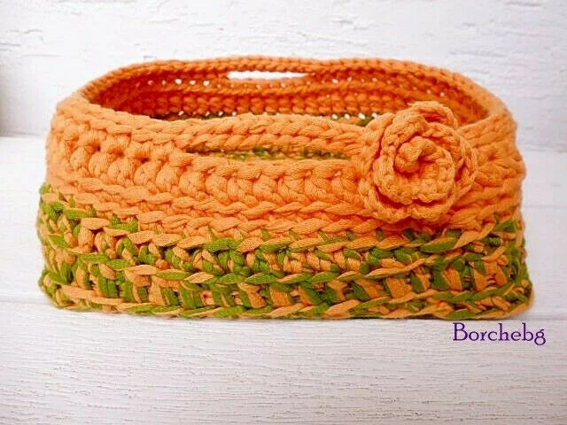 crochet basket with wooden base 20 x 16cm handwork pure cotton orange&green - Image 1 of 4