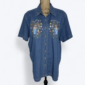 Vintage Bobbie Brooks Denim Top Gr. 18/20 W bestickt Katzen Blumen 90er Grandmacore - Bild 1 von 12