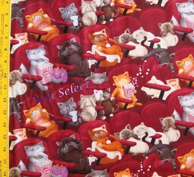Ткань BTY Movie Time Scared Cat Kitty in Theater вино хлопок в ярдах - Изображение 1 из 2