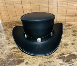 American Hat Makers Pale Rivers Buffalo Nickel Black Leather MTop Hat Steampunk - Picture 1 of 9
