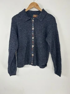 Vintage Navy Blue Floral Intarsia Wool Cottagecore Cardigan M L - Picture 1 of 8