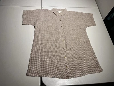 Blusa Eileen Fisher feminina xadrez pequena linho marrom com botões - Imagem 1 de 4